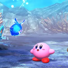 Kirby i jego przyjaciele, w tym Waddle Dee w fioletowym beretku, eksplorują podwodny świat. Obok nich lata niebieska, świetlista istota.