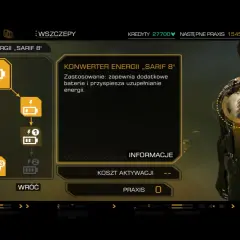 Adam Jensen w Deus Ex: Bunt Ludzkości ulepsza swój pancerz, by zyskać dodatkowe baterie i przyspieszyć regenerację energii.