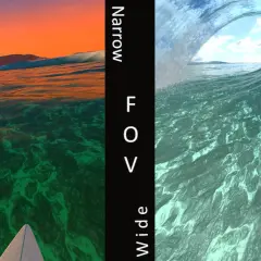 Porównanie widoku z wąskiego i szerokiego fov: surfing przez falę o zachodzie słońca i w środku dnia.