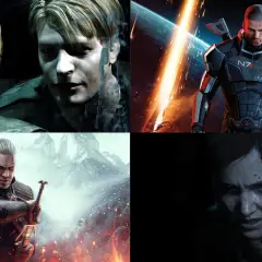 Kolaż postaci z gier rpg: James Sunderland, Commander Shepard, Geralt z Rivii i Ellie.