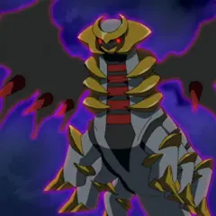 Mroczny Giratina z czerwonymi oczami i złotymi elementami, otoczony fioletową aurą, unosi się na tle nocnego nieba.