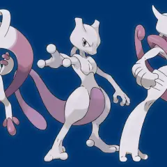 Trzy postacie Mewtwo w różnych pozach, gotowe do walki.
