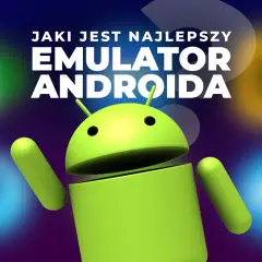 Zielony robot Androida z pytaniem "Jaki jest najlepszy emulator Androida?" na tle kolorowych, rozmytych świateł.