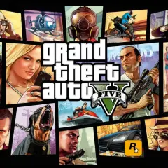 Kolaż postaci z GTA V, w tym Franklin, Michael, Trevor i Chop. Szukasz kod na pieniądze GTA 5?