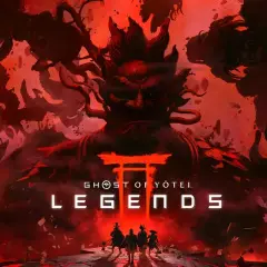 Czterech wojowników staje naprzeciw złowrogiej, demonicznej postaci w czerwonej poświacie. Tytuł "Ghost of Tsushima: Legends" sugeruje nadchodzącą przygodę.