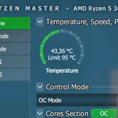 Jak sprawdzić temperaturę procesora? Aplikacja Ryzen Master pokazuje aktualną temperaturę CPU 43,36°C, limit 95°C.