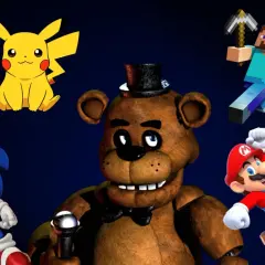 Freddy Fazbear w cylindrze, otoczony przez Pikachu, Sonica, Steve'a z Minecrafta i Mario.