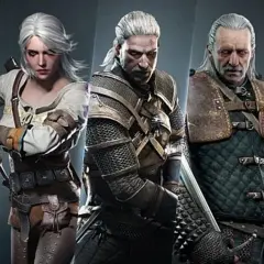 Postacie z Wiedźmina: Yennefer, Ciri, Geralt, Vesemir i Triss w swoich charakterystycznych strojach.