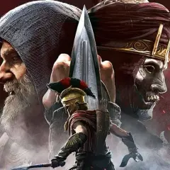 Postać z hełmem i włócznią na tle dwóch twarzy: starszego mężczyzny w kapturze i złowrogiej postaci w masce. To Assassin's Creed Odyssey Dziedzictwo Pierwszego Ostrza.