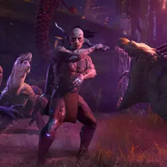Turok w otoczeniu trzech groźnych dinozaurów, gotów do walki w dżungli.