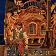 Piracki kapitan na tle statku "Frywolny Kawaler". Wspaniała grafika z gier o piratach.