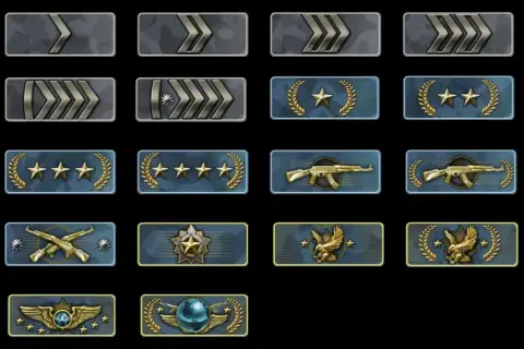 Ikony rang w CS:GO, od najniższych do najwyższych, z gwiazdkami, karabinami i orłami.