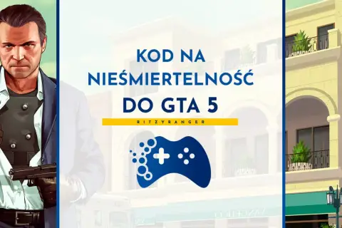 Michael z GTA 5 z pistoletem, obok napis "KOD NA NIEŚMIERTELNOŚĆ DO GTA 5" i niebieski kontroler.