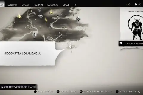 Mapa z gry Ghost of Tsushima, z zaznaczoną "NIEODKRYTA LOKALIZACJA". Może to być zakazana kapliczka.