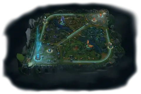 Mapa Summoners Rift z widocznymi ścieżkami, bazami, smokiem i baronem.