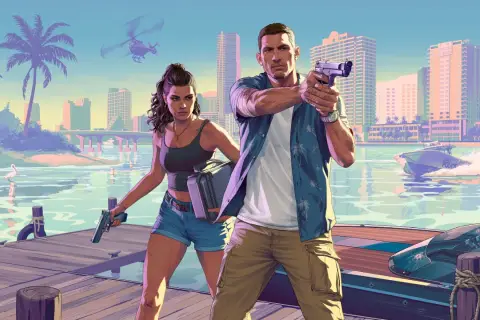 Para, z pistoletem i walizką, na tle miasta i policyjnej łodzi. Kiedy ma wyjść GTA 6?