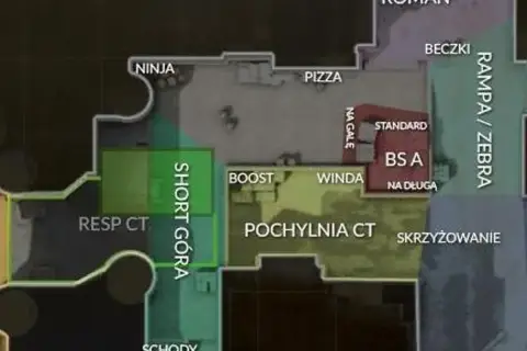 Mapa CS2 z nazwami lokacji: Ninja, Pizza, Resp CT, Short Góra, Roman, Beczki, Rampa/Zebra, Standard, BS A, Na Długa, Boost, Winda, Pochylnia CT, Skrzyżowanie.