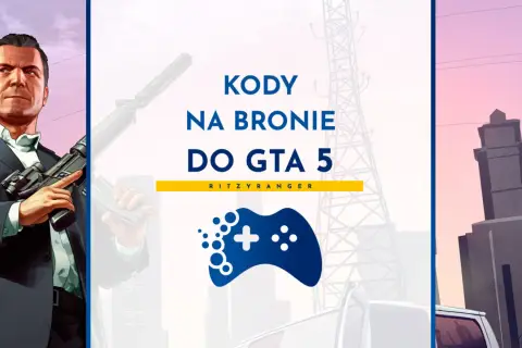 Michael z GTA 5 trzyma broń, a obok napisy "Kody na bronie do GTA 5".