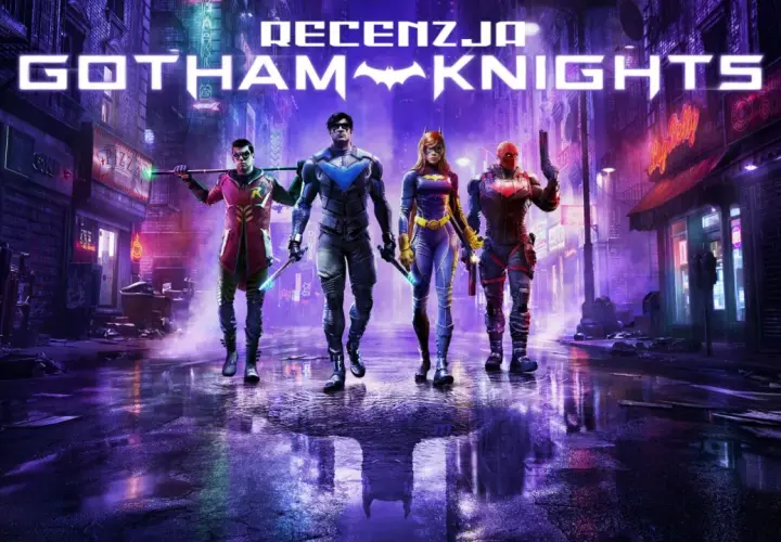 Czterech bohaterów, rycerze Gotham, w tym Robin, Nightwing, Batgirl i Red Hood, stoją na mokrej ulicy miasta nocą.