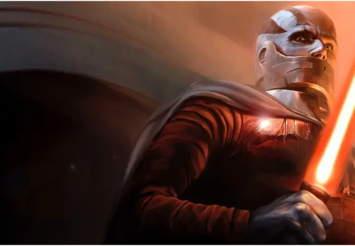 Star Wars Darth Malak, w zbroi i z czerwonym mieczem świetlnym, gotowy do walki.