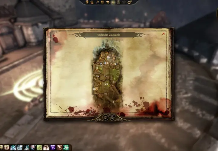 Mapa Twierdzy Czuwania z gry Dragon Age: Przebudzenie. Widać na niej rozmieszczenie lokacji i punktów orientacyjnych.