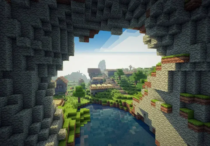 Widok na wioskę w najpopularniejszej grze na świecie, Minecraft. Woda, domki i zielone wzgórza.