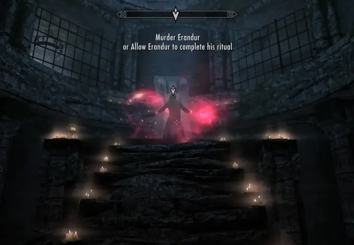 Mroczny rytuał w Skyrim. Postać otoczona czerwonymi aurami, wybór: zabić Erandura czy pozwolić mu dokończyć, to prawdziwy koszmar na jawie.