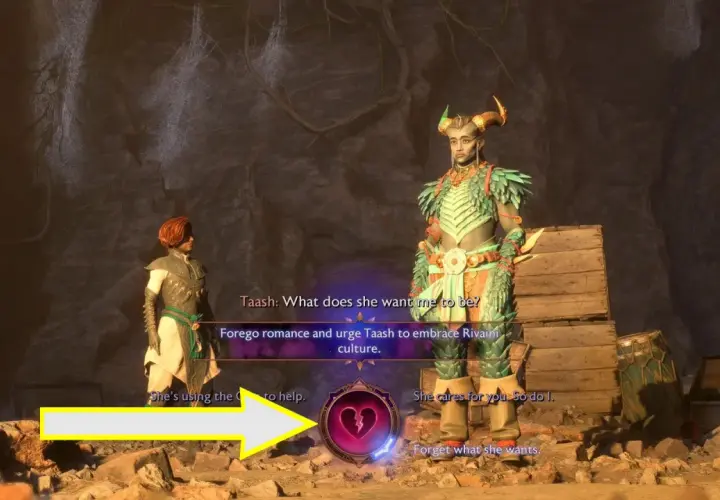 Wybór w Dragon Age: Inkwizycja romanse. Postać Taasha zastanawia się nad swoją tożsamością, a gracz może wybrać ścieżkę romansu lub odrzucenia.