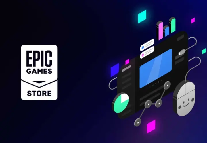 Logo Epic Games Store obok stylizowanej grafiki komputera z myszką. Sprawdź epic games darmowe gry lista!