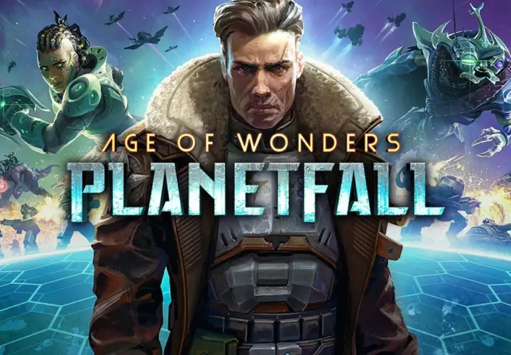 Postapokaliptyczna wizja z gry Age of Wonders Planetfall: człowiek w futrzanym kołnierzu, wojowniczka z plemienia Amazonek i potężne istoty walczą na tle kosmicznej bitwy.