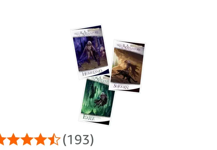 Okładki książek z serii Drizzt Do'Urden: "Homeland", "Sojourn" i "Exile".