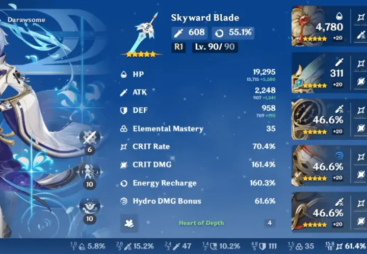 Kamisato Ayato, poziom 90/90, z mieczem Skyward Blade. Statystyki postaci i artefaktów.
