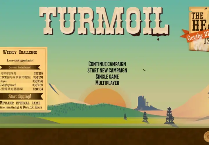 Tytuł gry TURMOIL, menu z opcjami kampanii, gry jednoosobowej i wieloosobowej. Po lewej tygodniowe wyzwanie z rankingiem.