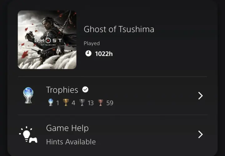 Ghost of Tsushima: 1022h spędzone w grze, zdobyte trofea i podpowiedzi.