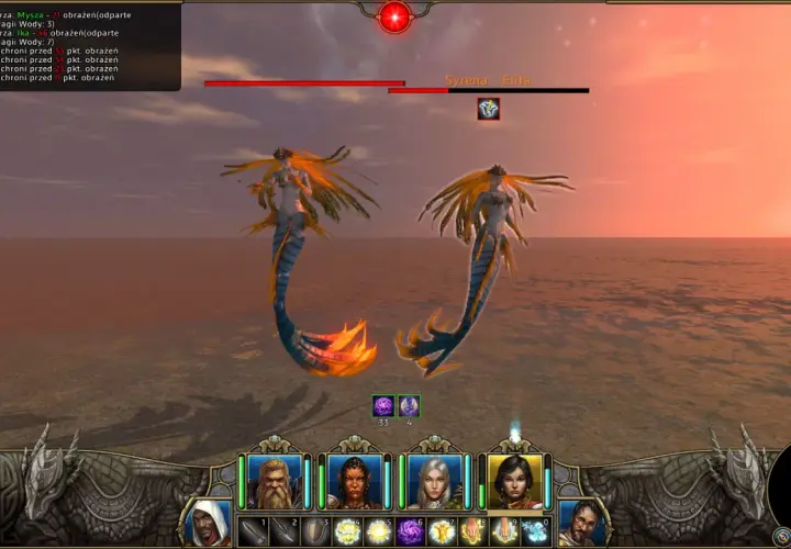 Dwie syreny w grze Might and Magic IX na tle zachodzącego słońca. W tle widać interfejs gry.