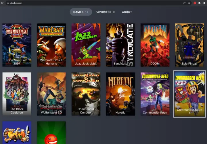 Gry uruchamiane przez dosbox: One Must Fall 2097, Warcraft, Jazz Jackrabbit, Syndicate, DOOM, Epic Pinball, The Black Cauldron, Wolfenstein 3D, Command & Conquer, Heretic, Commander Keen.