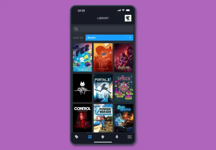 Ekran telefonu z biblioteką gier Steam. Dowiedz się, jak usunąć grę z biblioteki Steam na telefonie, przeglądając dostępne tytuły.