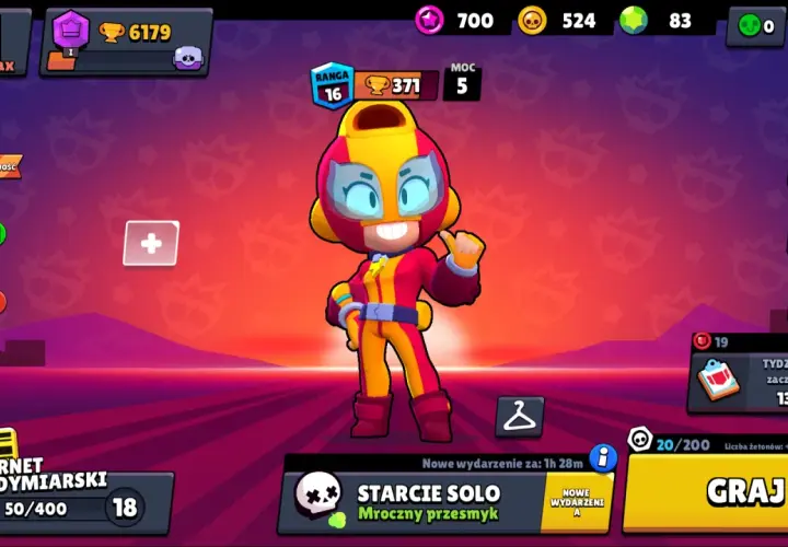 Ekran główny gry Brawl Stars na komputerze. Postać Max w centrum, menu po bokach. Graj!