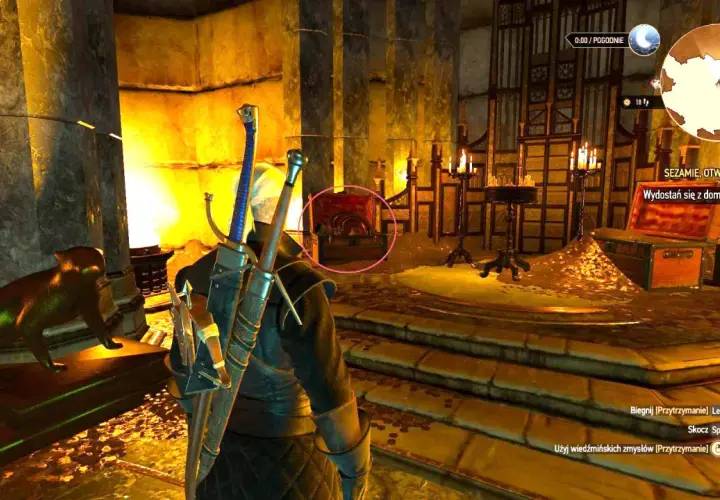 Geralt w rynsztunku szkoły żmii stoi w mrocznym pomieszczeniu, obok niego leży złoty kot. W tle widać skrzynię i świece.