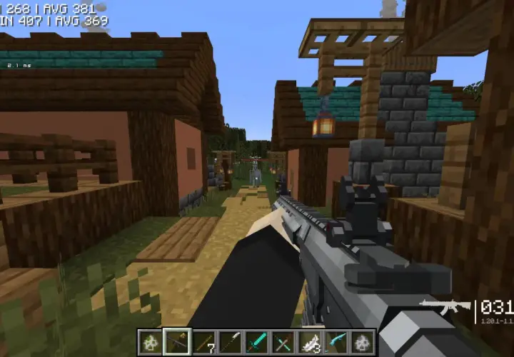 Gracz z karabinem w ręku w świecie Minecraft, gdzie piękne shadery podkreślają detale budynków i postaci.