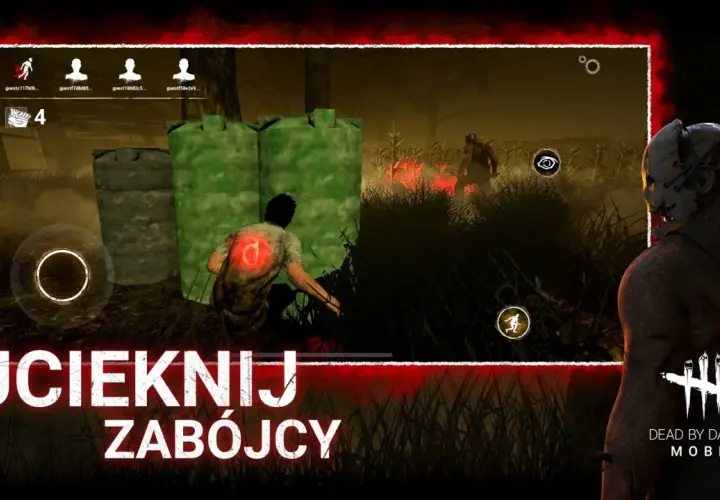 Uciekaj przed zabójcą w grze Dead by Daylight Mobile. Widok na przerażającą rozgrywkę z perspektywy zabójcy.