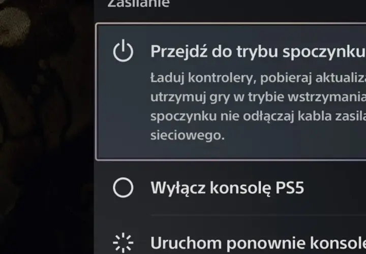Menu zasilania PS5: opcja "Wyłącz konsolę PS5" jest widoczna, pokazując jak wyłączyć PS5.