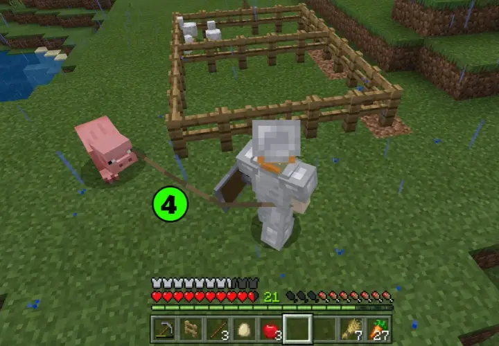 Gracz w zbroi prowadzi świnię na smyczy. W oddali widać zagrodę z kurczakami. Dowiedz się, co ile można rozmnażać zwierzęta w Minecraft.