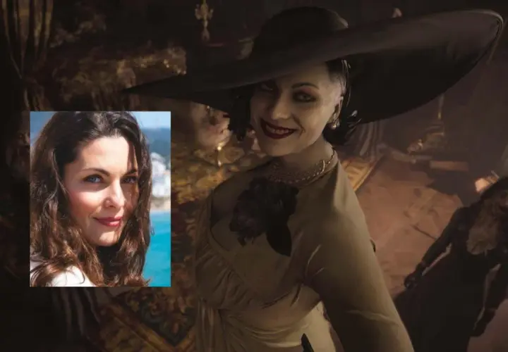 Lady Dimitrescu, wampirzyca z gry Resident Evil Village, uśmiecha się złowieszczo. Obok jej portretu znajduje się zdjęcie kobiety o brązowych włosach i niebieskich oczach.