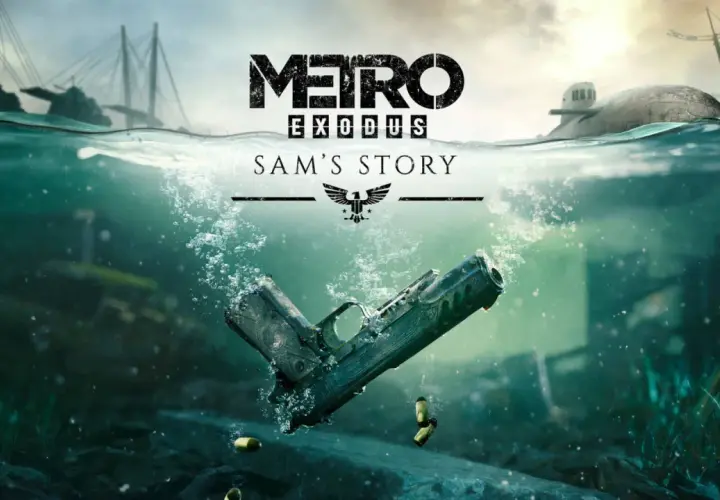 Podwodny świat z pistoletem i pociskami. Logo Metro Exodus Sam's Story.