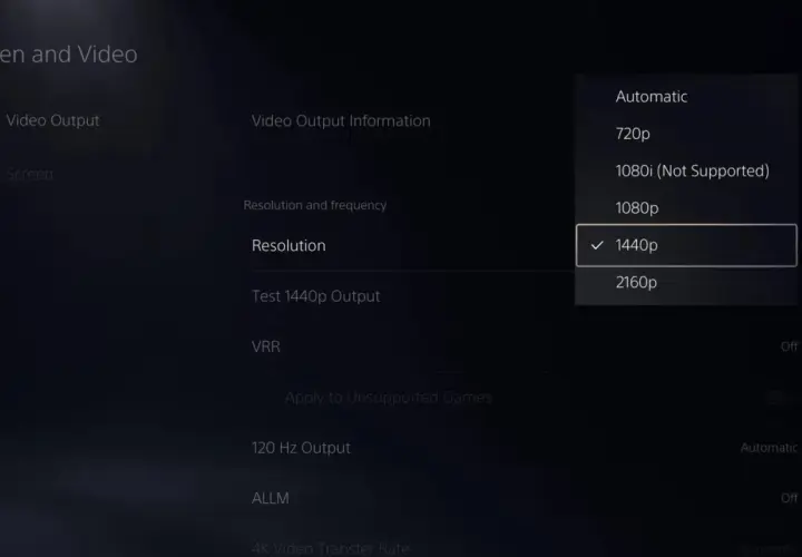 Ustawienia konsoli: rozdzielczość 1440p (QHD) wybrana z listy opcji, obok 1080p i 2160p.