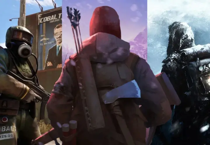 Postapokaliptyczne gry survival multiplayer: postać w masce gazowej, łucznik w zimowym krajobrazie i samotny wędrowiec w śnieżnej zamieci.