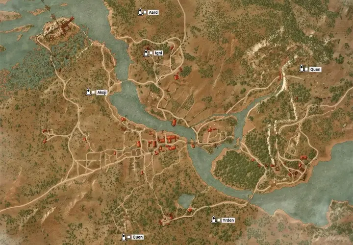 Mapa Toussaint z zaznaczonymi miejscami mocy: Aard, Igni, Aksji, Quen i Yrden.