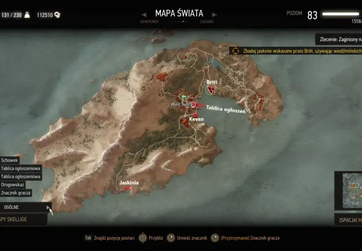 Mapa świata z zaznaczonymi lokacjami na wyspach Skellige: Britt, Wieś Svorl, Kevan i Jaskinia.