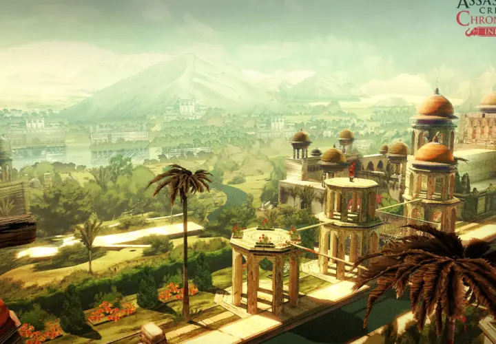 Widok na miasto z gry Assassin's Creed Chronicles India. Architektura z kopułami, palmy i góry w tle.